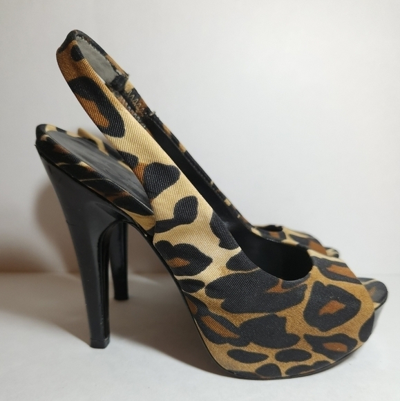 Jessica Simpson Size 5.5 Animal Leopard Print Slingback Peep Toe Platform Heels - Picture 2 of 5